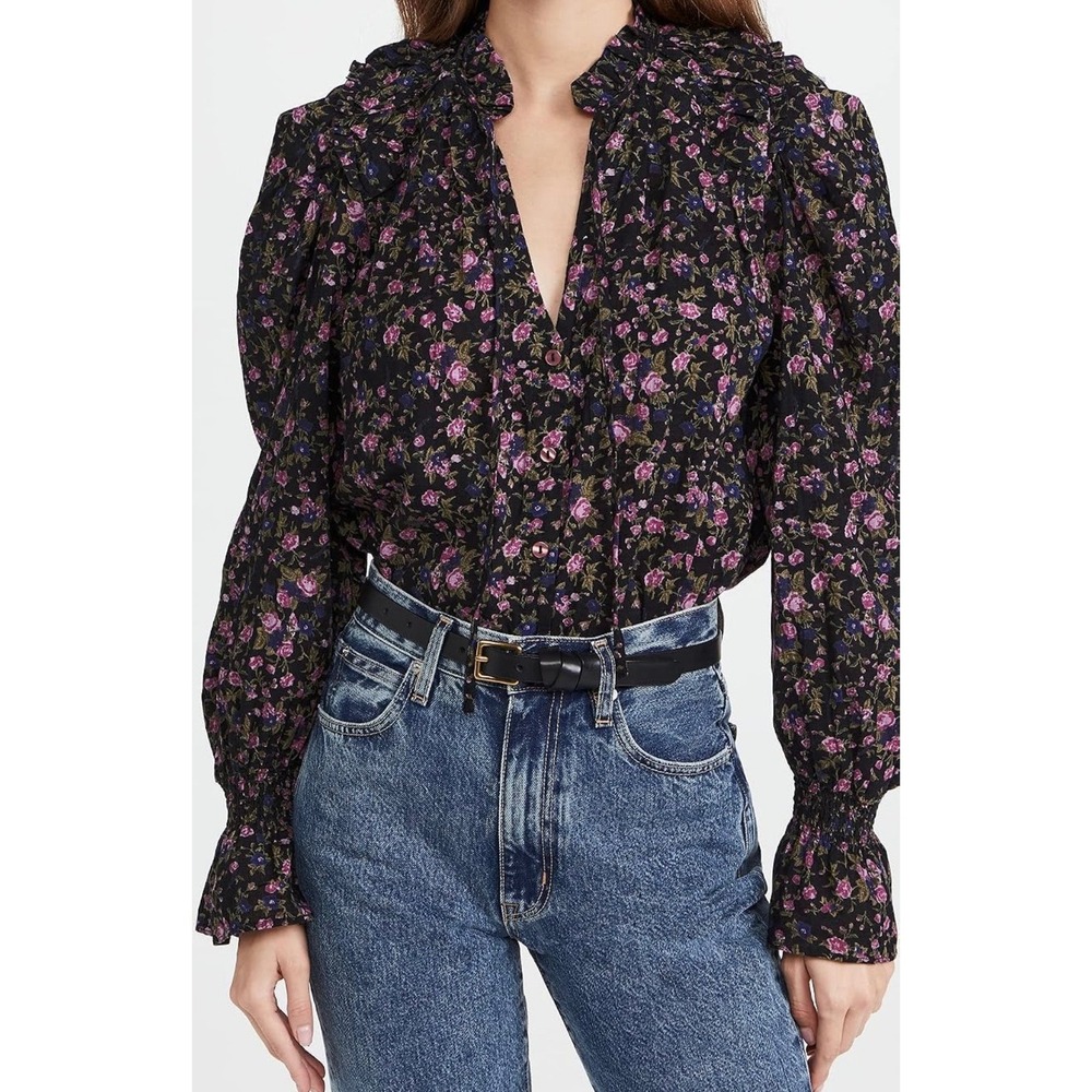 Free People Meant to Be Blouse Medium Black Floral Boho Romantic Puff Sleeve Top